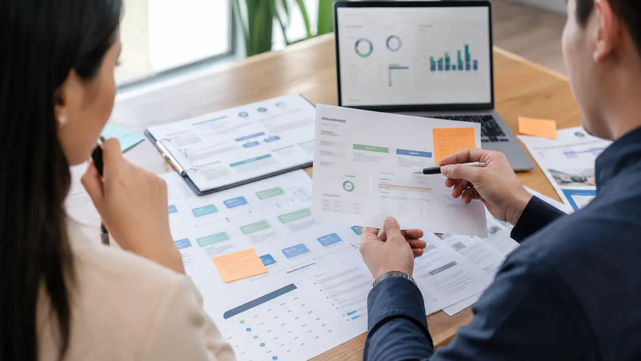 Ảnh đội marketing review proof report dashboard và measurement plan trước khi chọn agency marketing