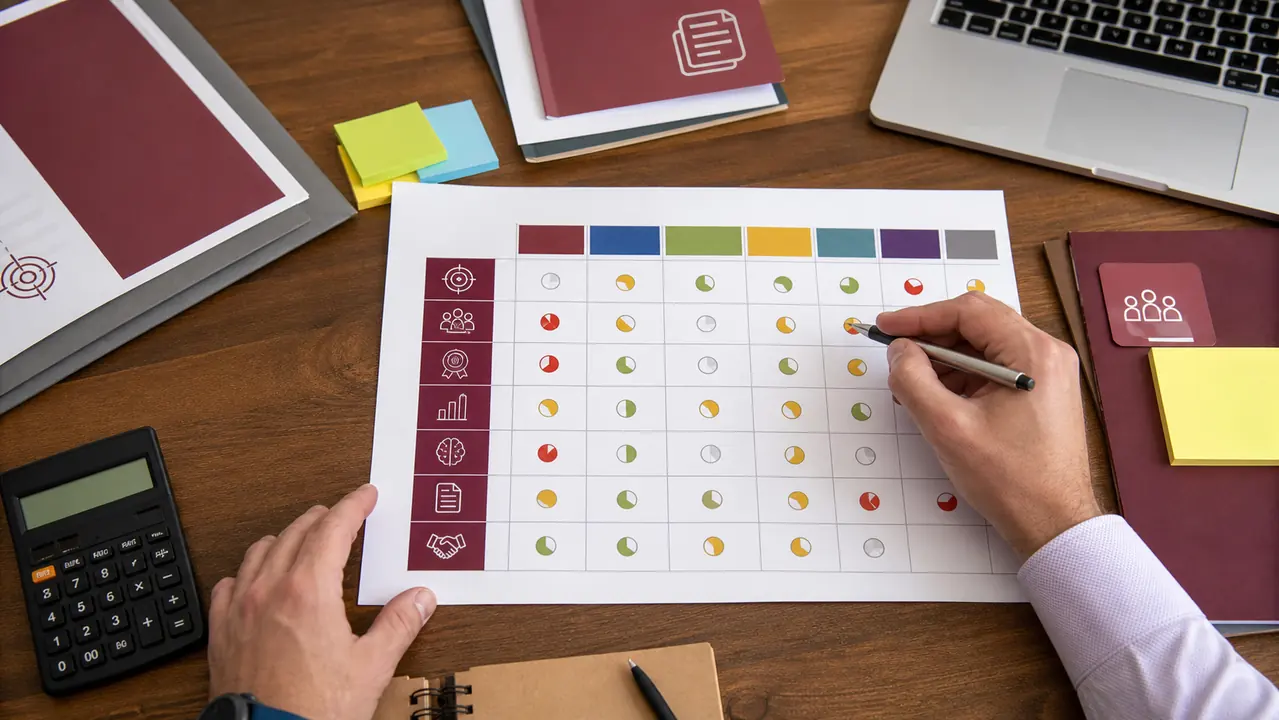 Ảnh scorecard chọn agency marketing với các tiêu chí strategy team proof measurement AI governance contract SLA