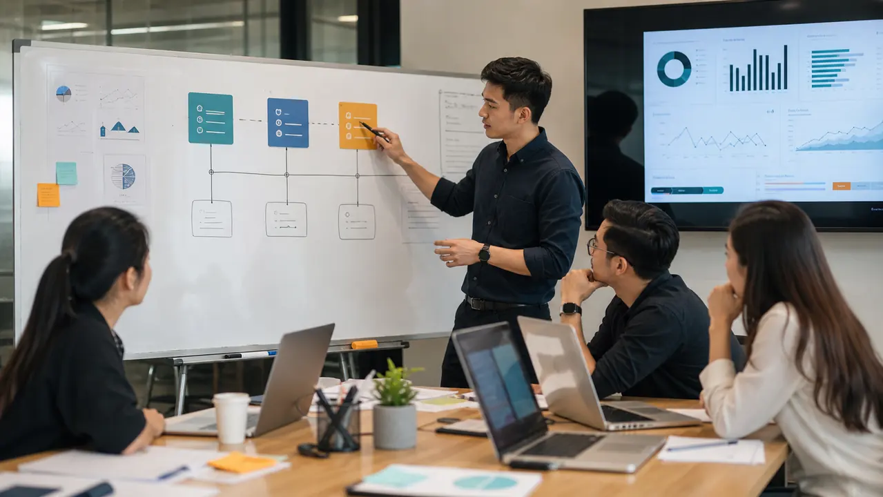 Ảnh đội marketing so sánh AI citation brand mention và backlink trên bảng chiến lược authority cho AI Search