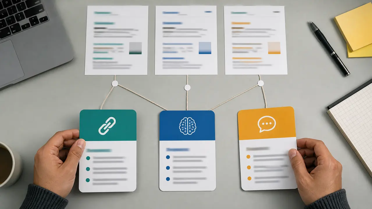 Ảnh ba thẻ tín hiệu gồm backlink AI citation và brand mention được kết nối với các nguồn nội dung khác nhau