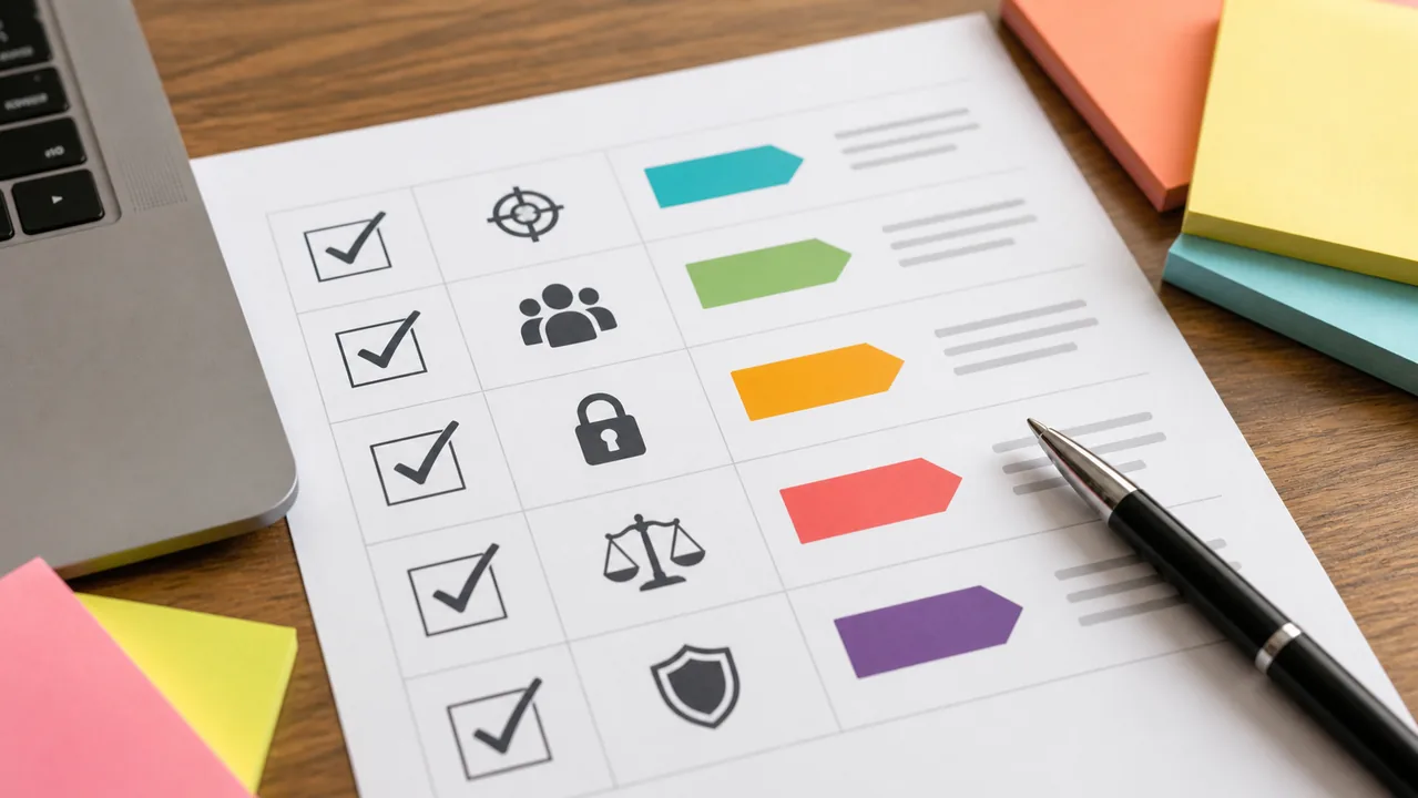 Ảnh checklist AI Marketing policy với biểu tượng dữ liệu owner approval pháp lý và bảo mật