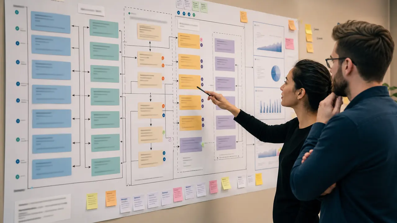 Ảnh bản đồ hành động content cho AI Overview với các nhóm intent, nguồn, entity, internal link và CTA