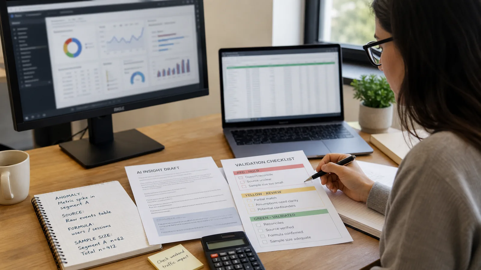 Ảnh analyst so sánh AI insight draft với dashboard và checklist validation báo cáo marketing