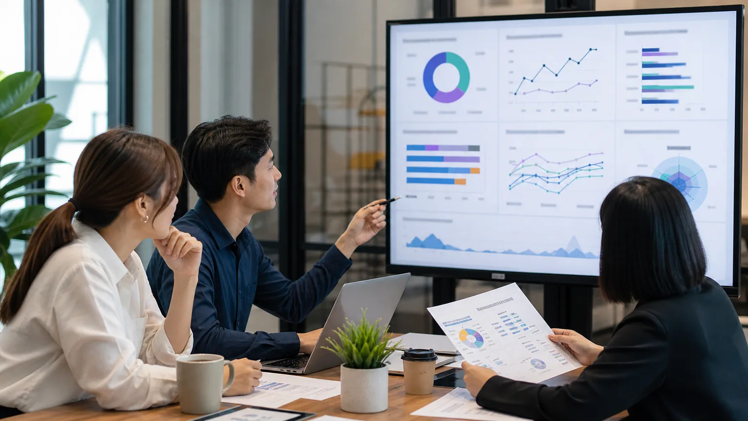 Ảnh đội marketing SME review dashboard AI Visibility với query coverage mention citation sentiment source quality và assisted lead