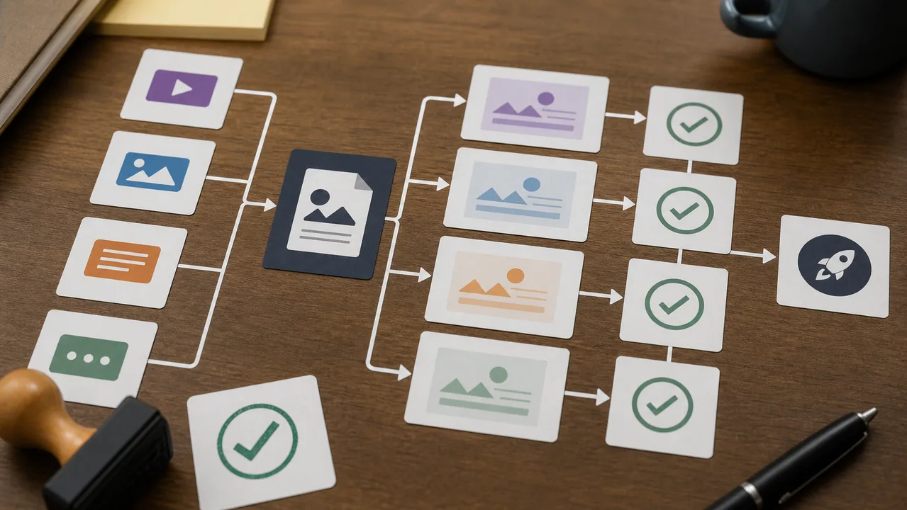 Ảnh approval gate map AI Marketing với source cards draft cards checkpoint duyệt và publish card