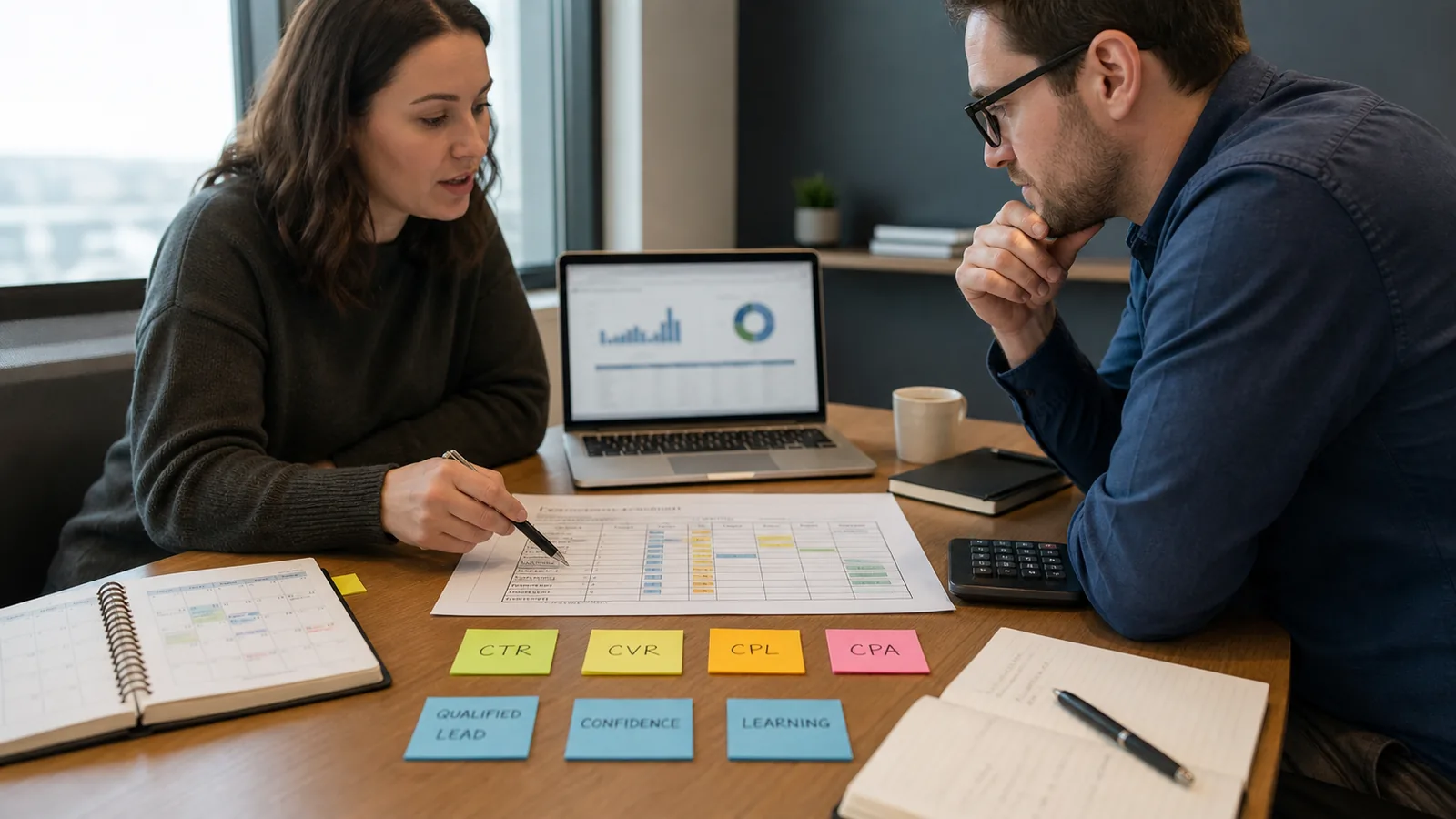 Ảnh performance specialist review creative testing KPI với CTR CVR CPL CPA qualified lead confidence và learning