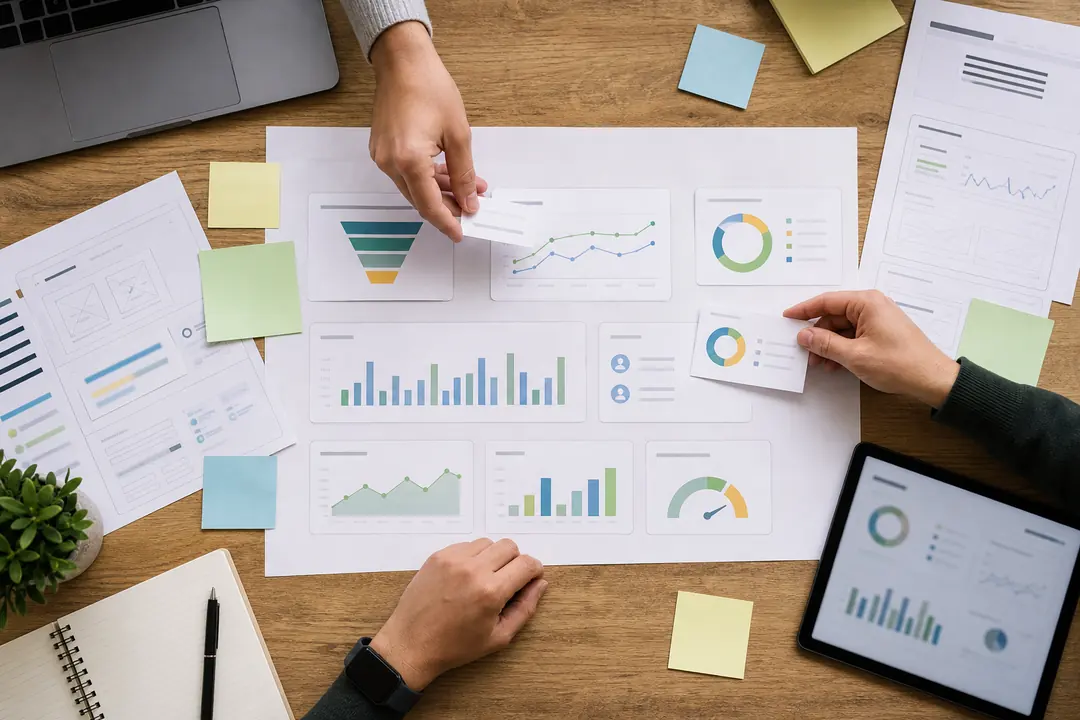 Ảnh layout mẫu dashboard marketing với các khối funnel nguồn kênh chất lượng lead cảnh báo và revenue