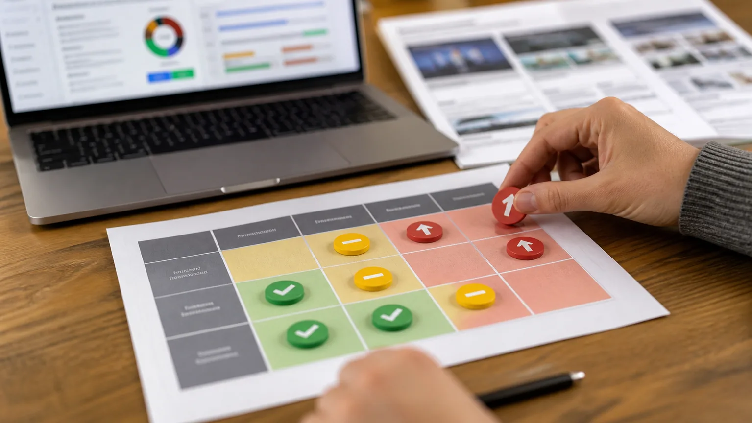 Ảnh scoring rubric GEO audit với trạng thái pass partial fail impact effort và priority