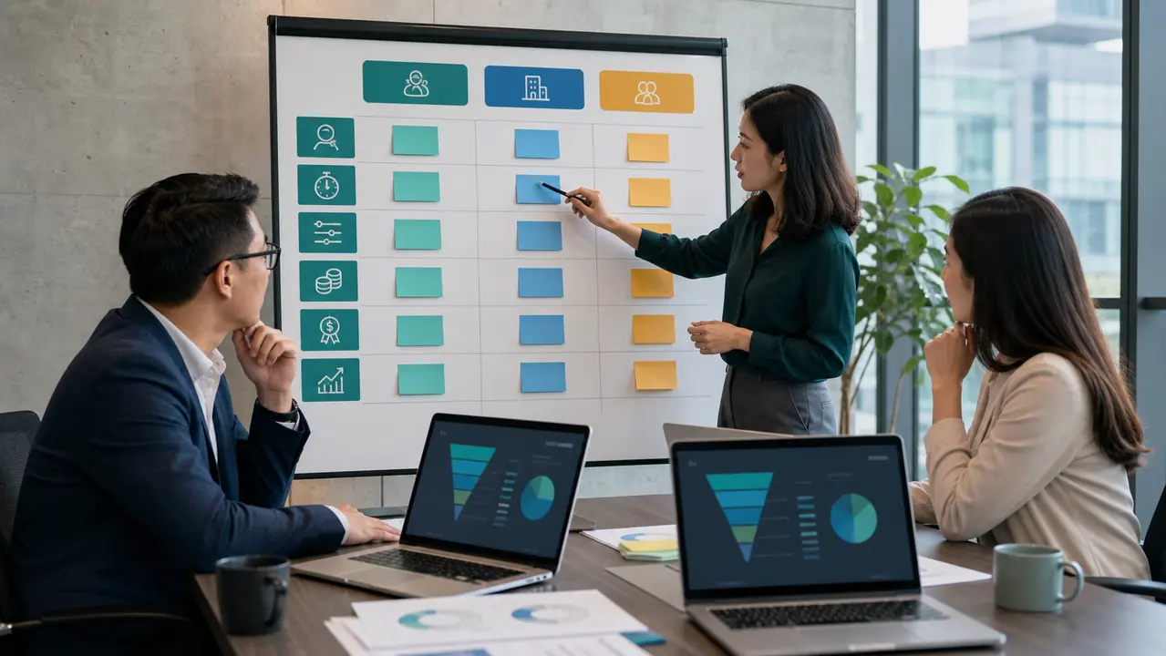 Ảnh đội lãnh đạo SME dùng decision matrix để so sánh phòng marketing in-house agency và hybrid model