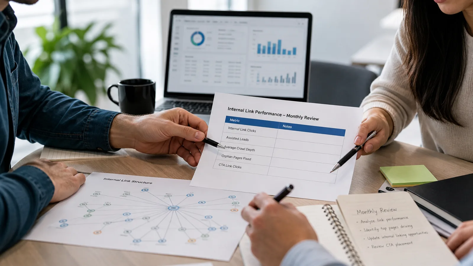 Ảnh team marketing review internal link performance monthly review với internal link clicks assisted leads crawl depth orphan pages fixed và CTA clicks
