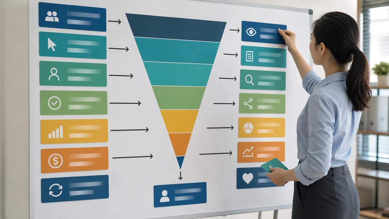 Ảnh funnel map KPI marketing từ awareness traffic lead MQL SQL pipeline revenue và retention với thẻ chỉ số theo từng tầng