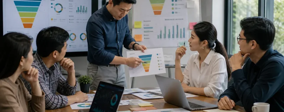 Ảnh đội marketing và sales SME review KPI marketing theo funnel từ reach traffic lead MQL SQL pipeline tới revenue