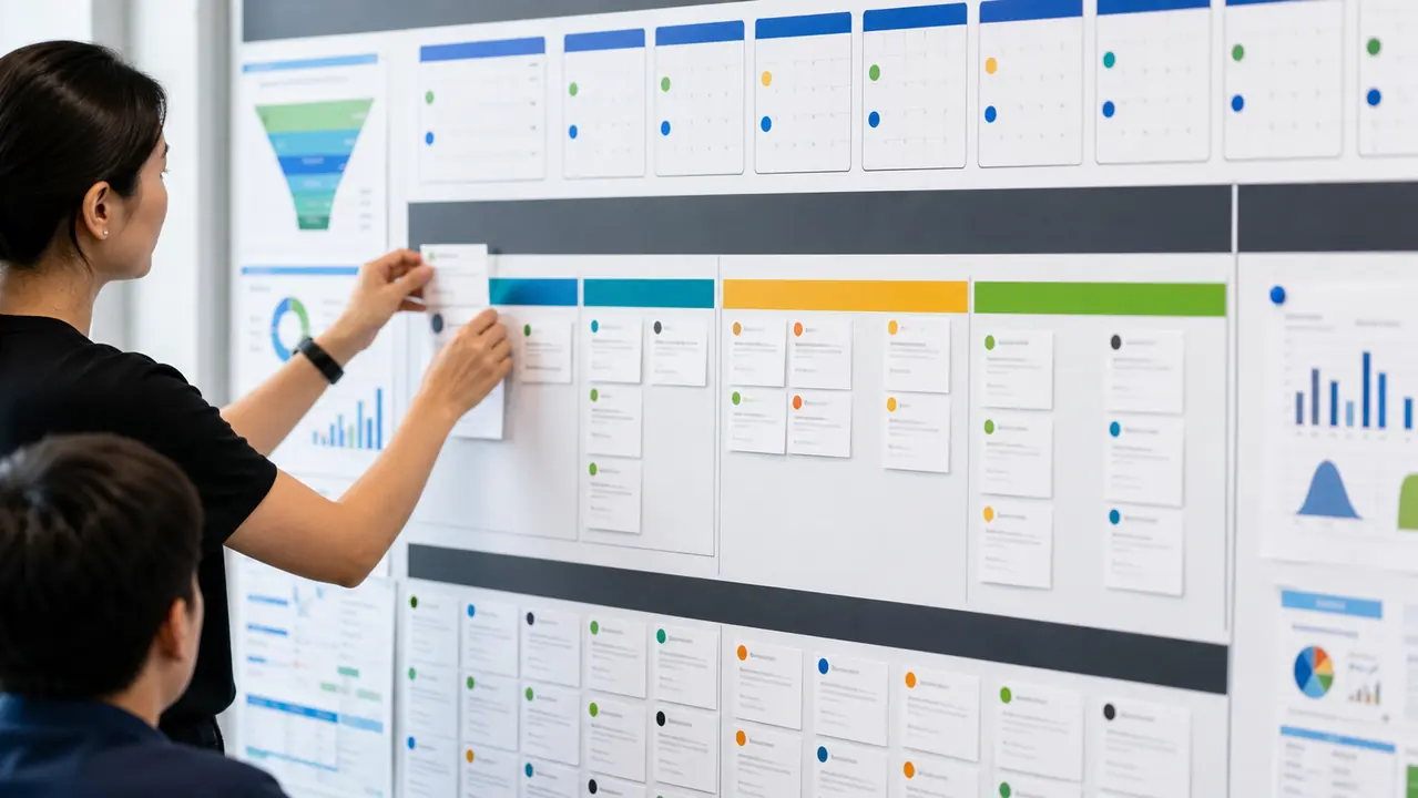 Ảnh bảng review cadence KPI marketing với lịch weekly monthly owner action backlog và dashboard funnel