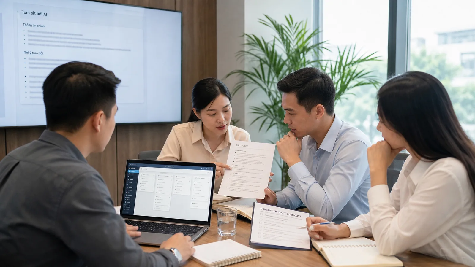 Ảnh đội sales marketing review tóm tắt lead từ AI trước khi gọi tư vấn và kiểm tra privacy checklist