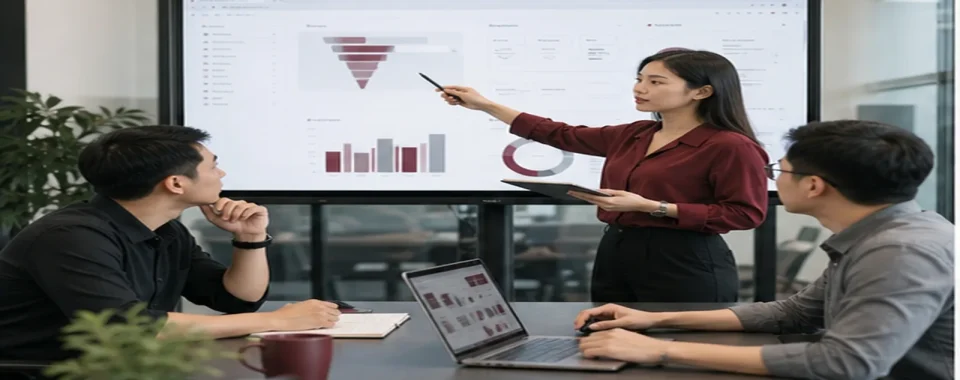 Team marketing và sales thảo luận lead routing SLA với dashboard funnel và quy trình phân tuyến lead