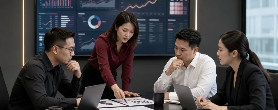 Team marketing SME họp review hàng tuần với dashboard KPI pipeline và action plan
