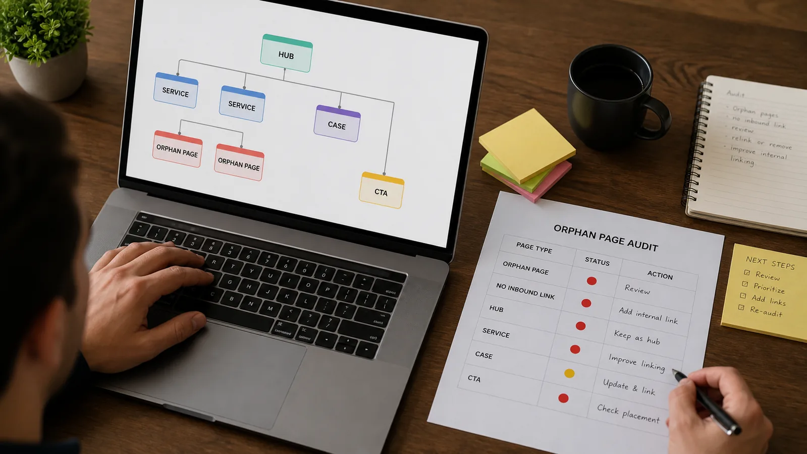 Ảnh SEO analyst kiểm tra orphan page audit với hub service case CTA và no inbound link