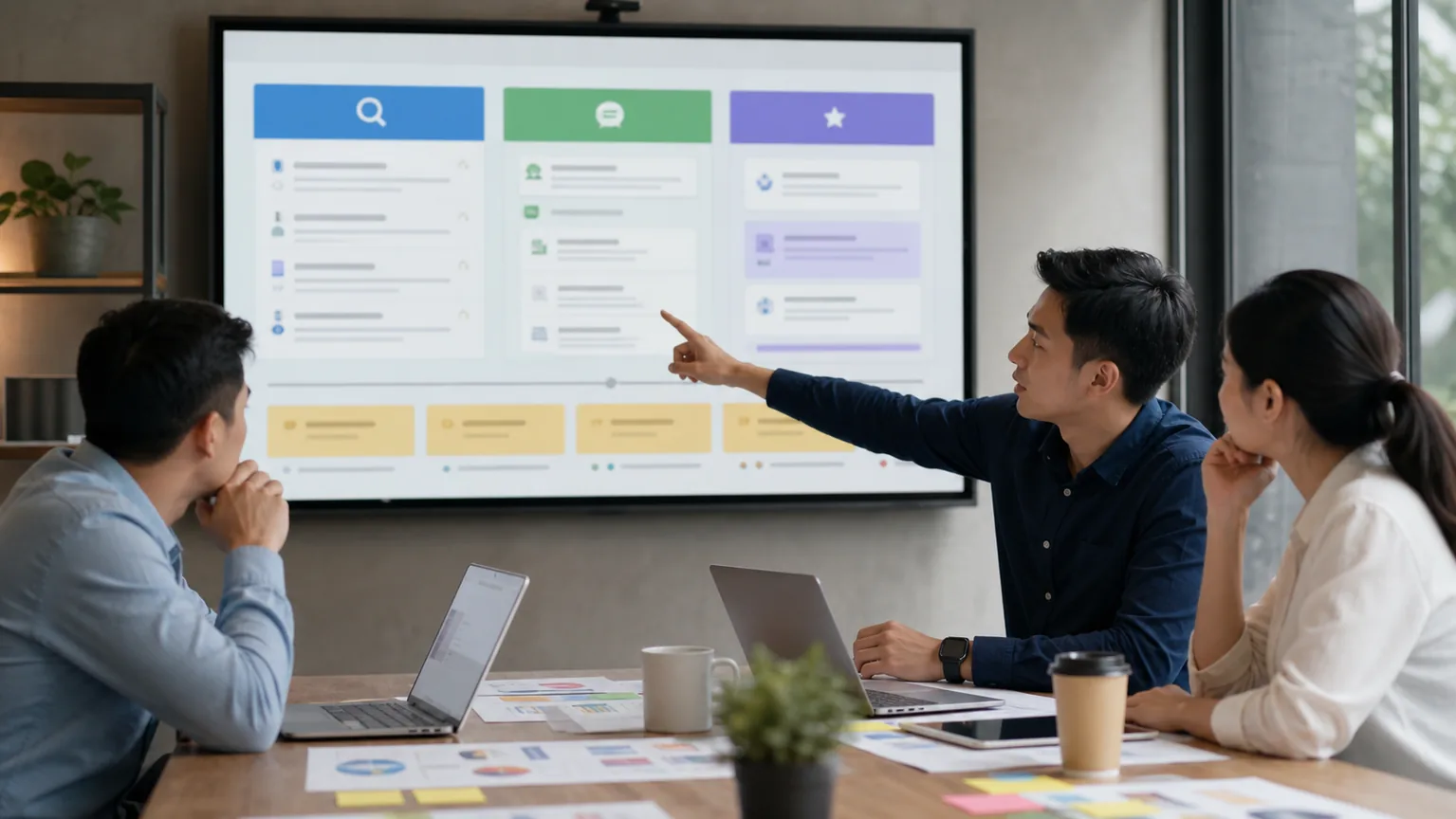 Ảnh đội marketing SME so sánh SEO AEO và GEO trên bảng chiến lược Search