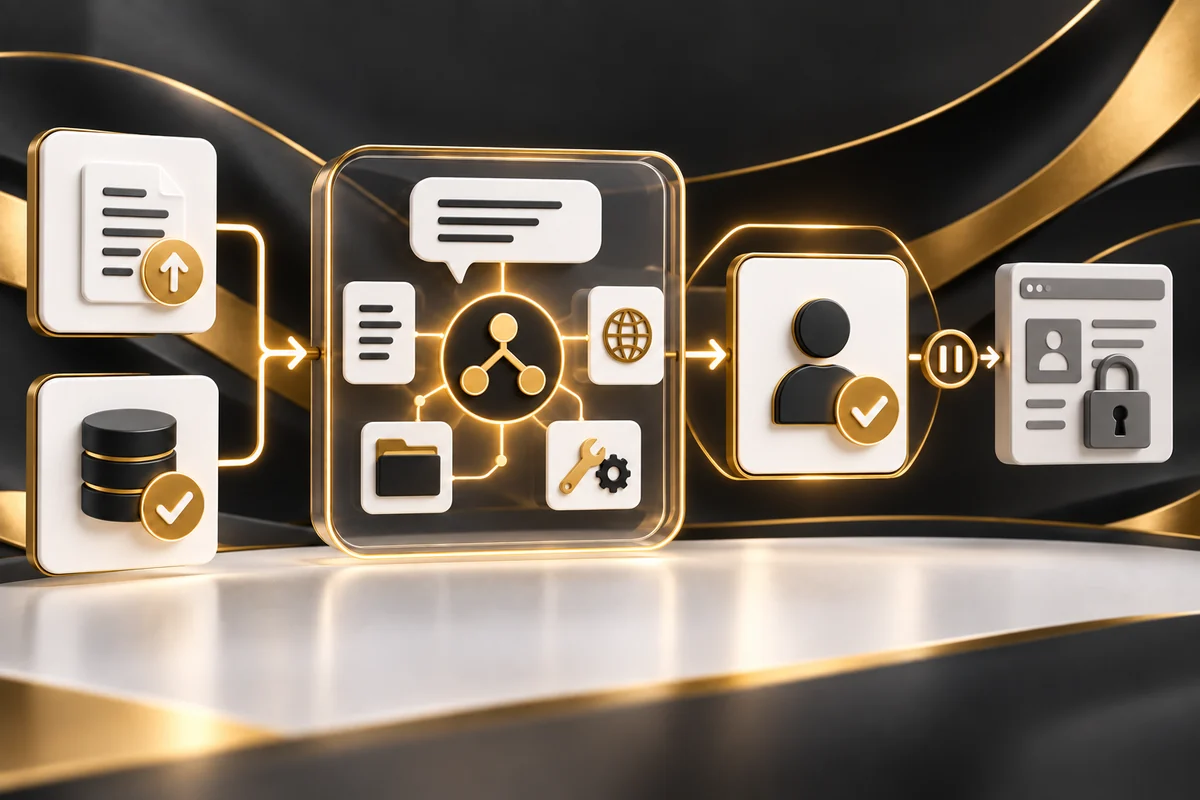 Minh họa workflow nhận dữ liệu, AI Agent đề xuất và người duyệt trước khi hệ thống thực thi