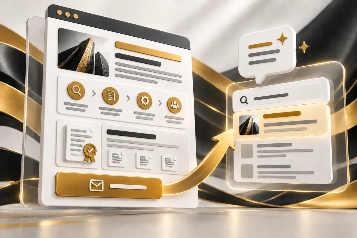 Minh họa trang dịch vụ B2B có phần phạm vi, bằng chứng và liên hệ kết nối với kết quả tìm kiếm AI