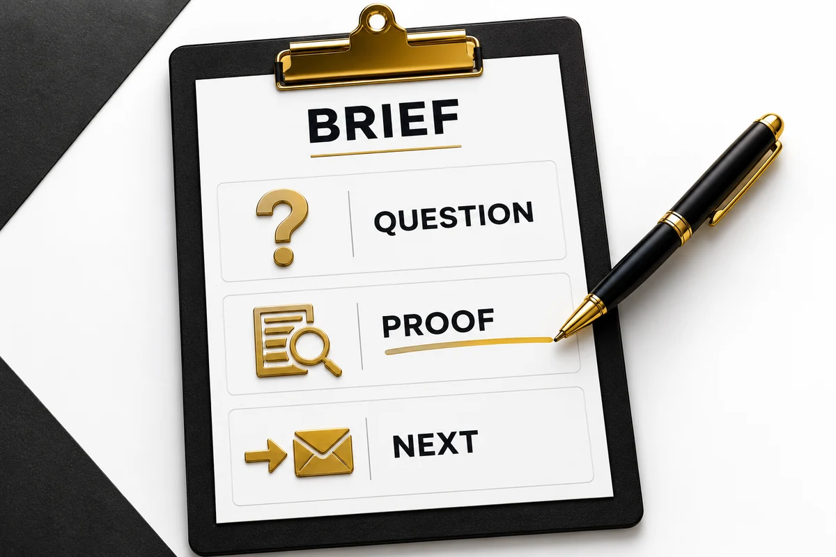 Brief content B2B gồm câu hỏi, bằng chứng và bước tiếp theo