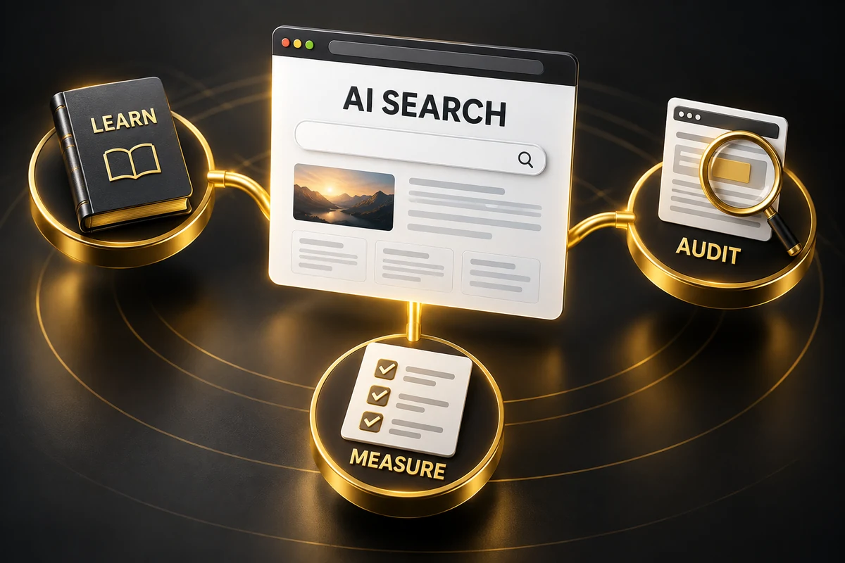 Bản đồ AI Search chia thành các nhánh hiểu khái niệm, audit và đo lường
