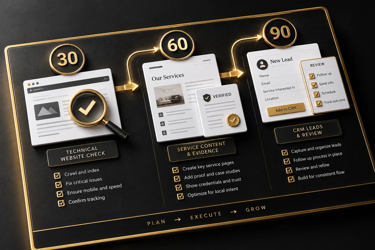 Ba giai đoạn 30, 60 và 90 ngày từ kiểm tra website tới nội dung và review lead