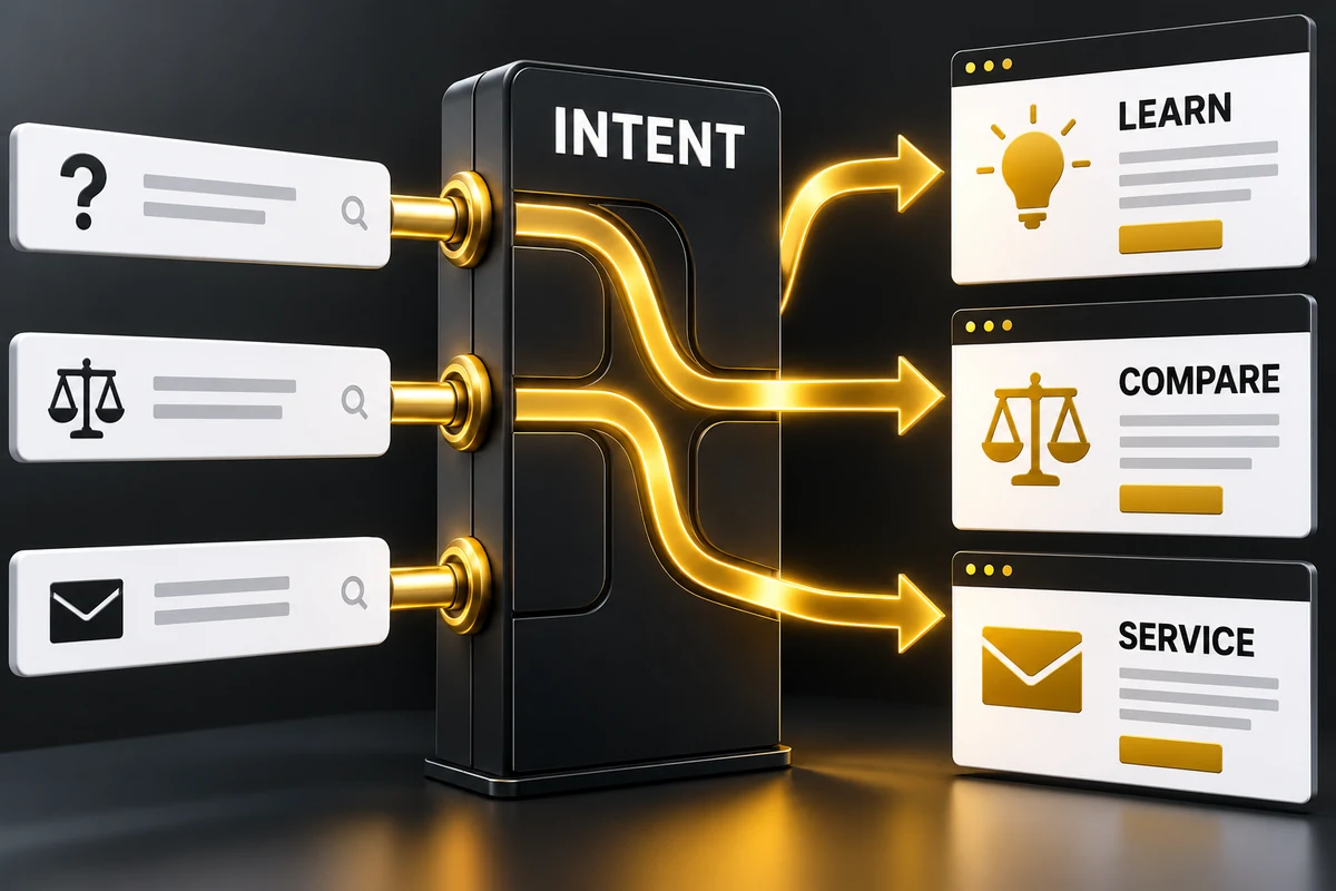 Search intent phân luồng câu hỏi tìm hiểu, so sánh và dịch vụ vào trang phù hợp