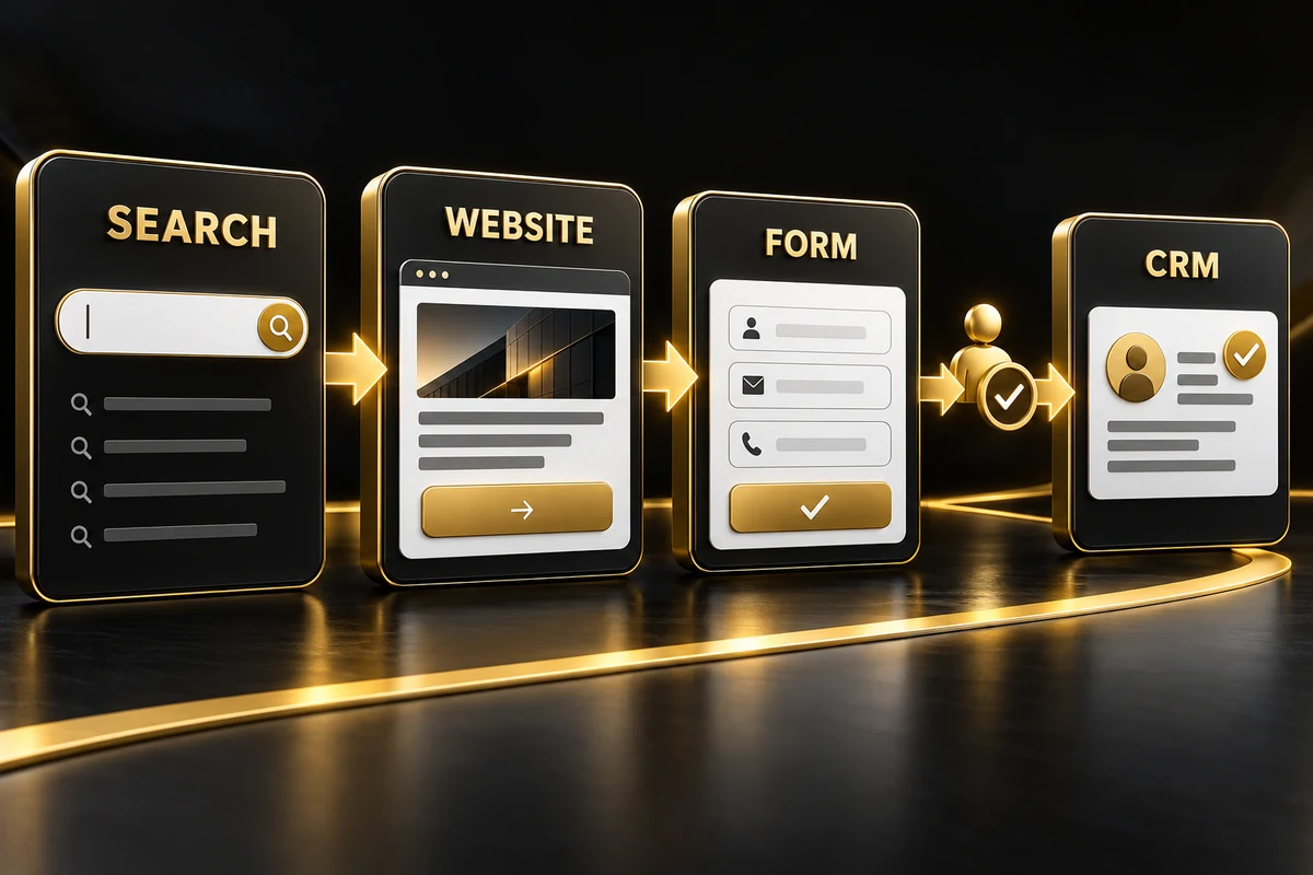 Sơ đồ Search dẫn tới website, form và hồ sơ lead được kiểm tra trong CRM