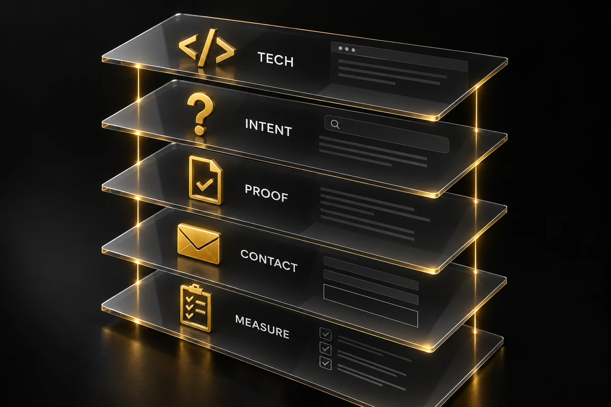 SEO tổng thể nối nền tảng, nội dung, bằng chứng, liên hệ và đo lường