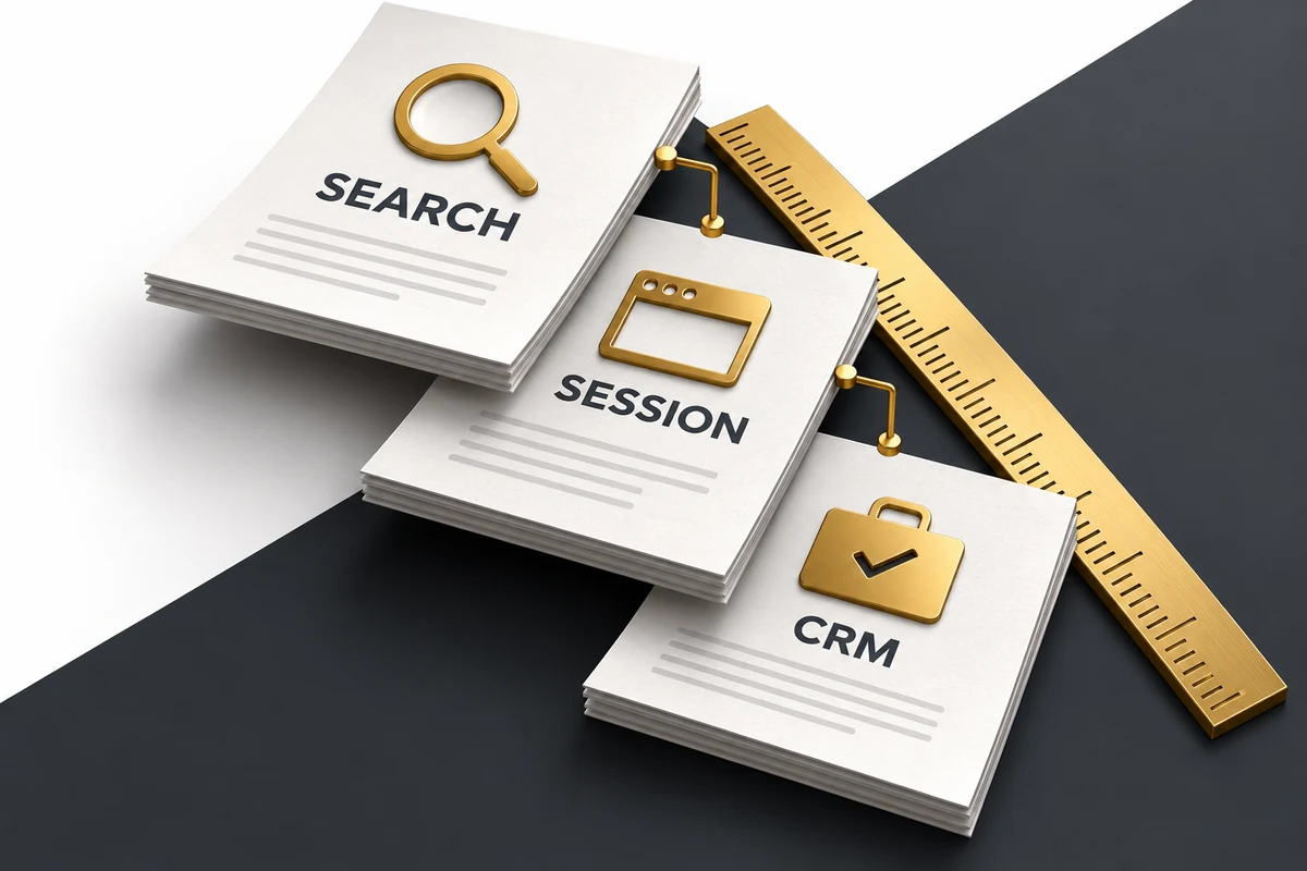 Ba lớp dữ liệu Search, session và CRM cần đối chiếu thay vì coi tương đương