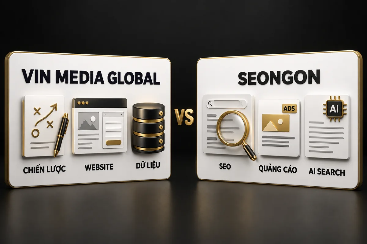 Hai bảng Vin Media Global và SEONGON với các hạng mục chiến lược, website, dữ liệu và tìm kiếm, quảng cáo, AI Search