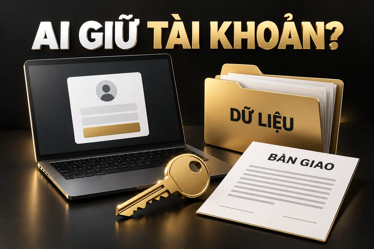 Dòng chữ Ai giữ tài khoản bên trên máy tính, chìa khóa, thư mục Dữ liệu và giấy Bàn giao