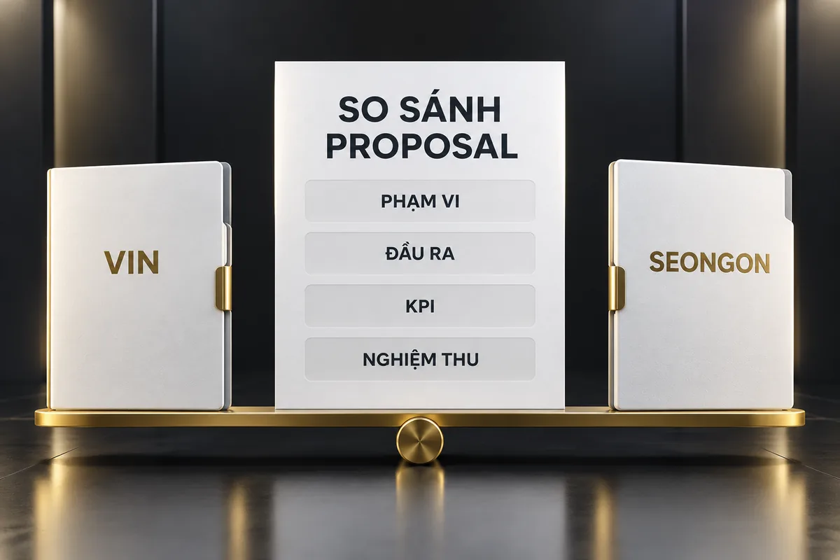Hai hồ sơ VIN và SEONGON đặt cạnh bảng tiêu chí phạm vi, đầu ra, KPI và nghiệm thu